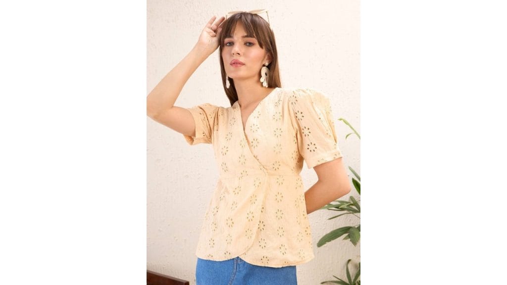 SASSAFRAS Beige Cotton Schiffli Peplum Wrap Top