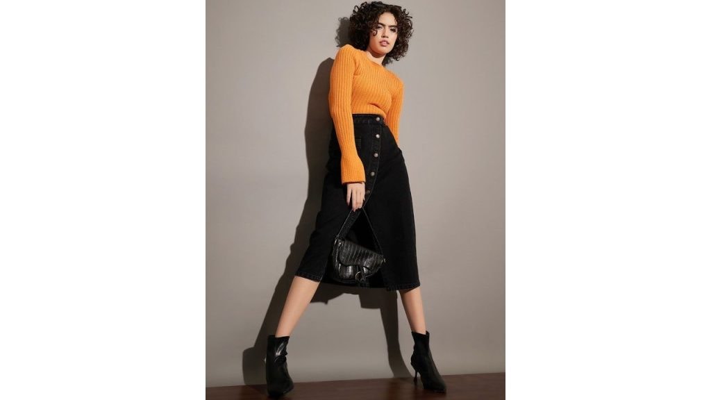 SASSAFRAS Black Front Slit Denim Wrap Midi Skirt