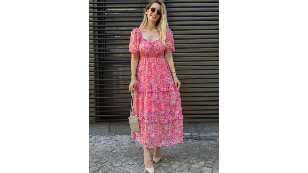 SHEETAL Associates Floral Printed Georgette Sweetheart Neck Fit and Flare Maxi Dress