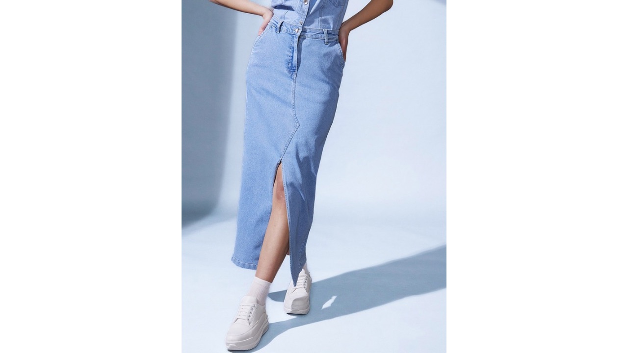 STREET 9 Blue Denim Pencil Midi Skirts
