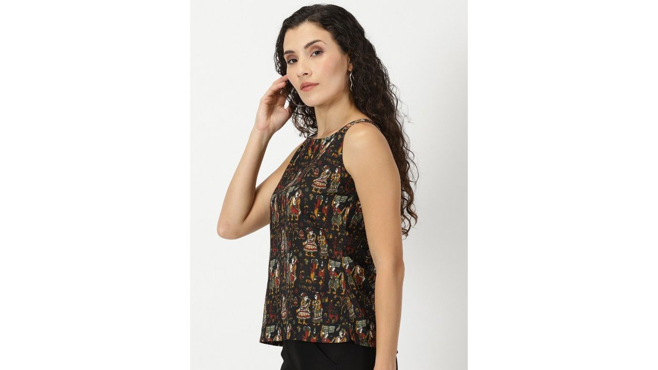 Saffron Threads Black Tribal Printed Boat Neck Pure Cotton Top