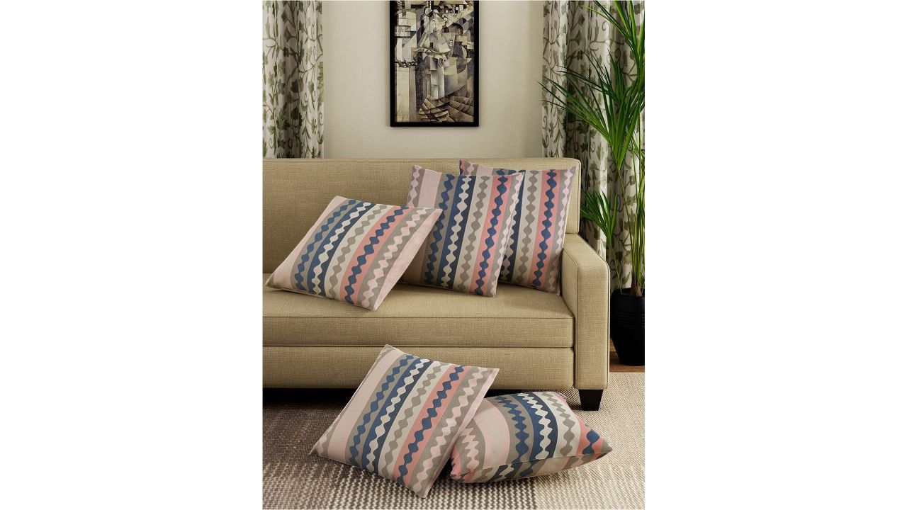 Sangria Pink & Grey 5 Pieces Abstract Printed Pure Cotton Square Cushion Covers