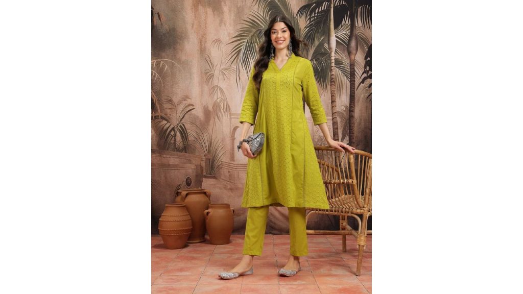 Sangria Schiffli Embroidered Panelled Pure Cotton Kurta with Trousers