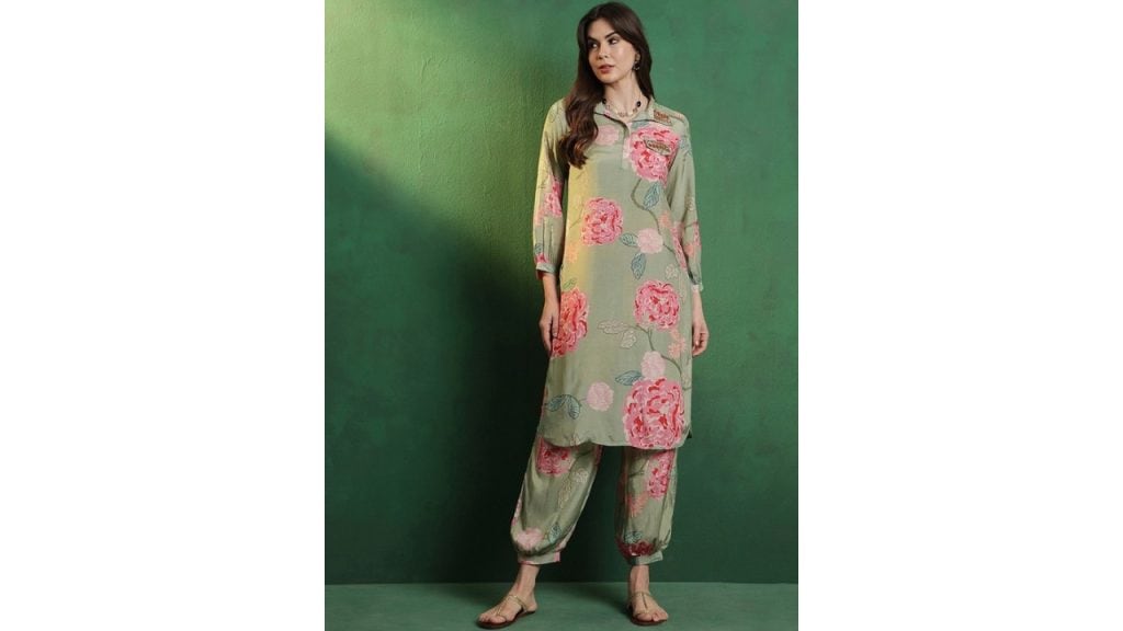 SangriaFloral Printed Shirt Collar Mirror Work Pathani Kurta & Trousers