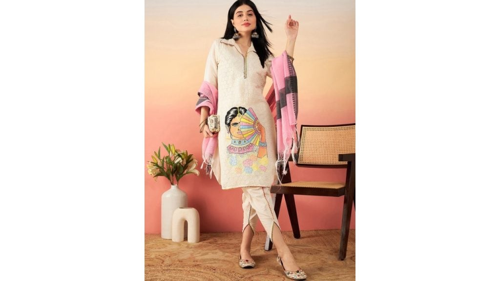 SangriaOff White Ethnic Motifs Self Design Thread Work Pure Cotton Pathani Kurta Sets