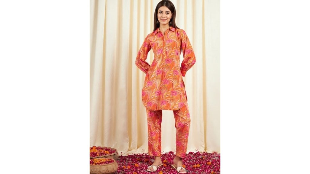 SangriaOrange Floral Printed Shirt Collar Velvet Pathani Kurta With Palazzos