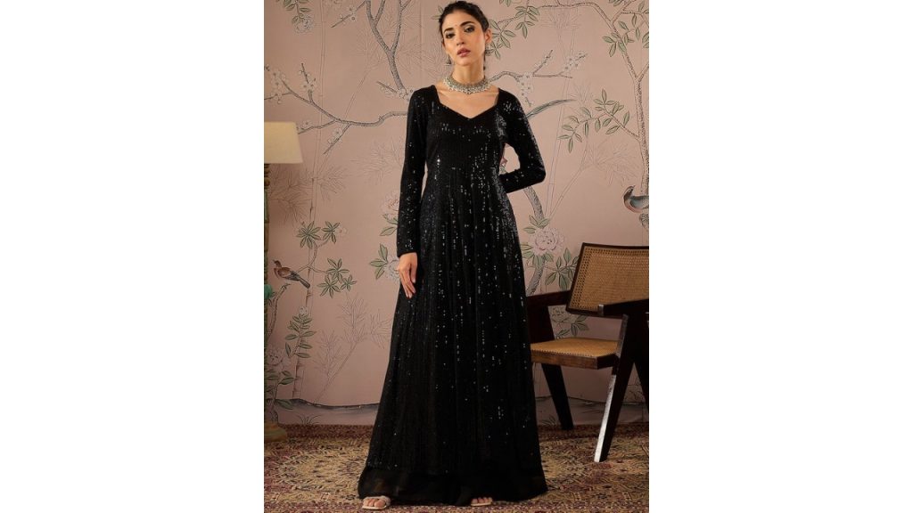 Shae by SASSAFRASStriped Round Neck Long Sleeves Regular Sequinned Anarkali Kurta