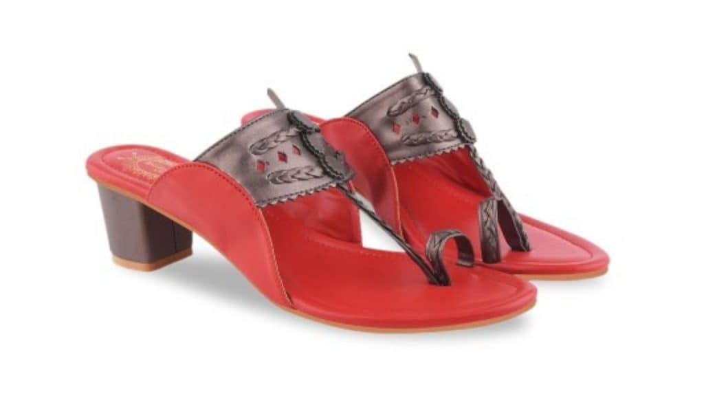 Shoetopia Stylestry Women Kolhapuri (Red & Grey Heels)
