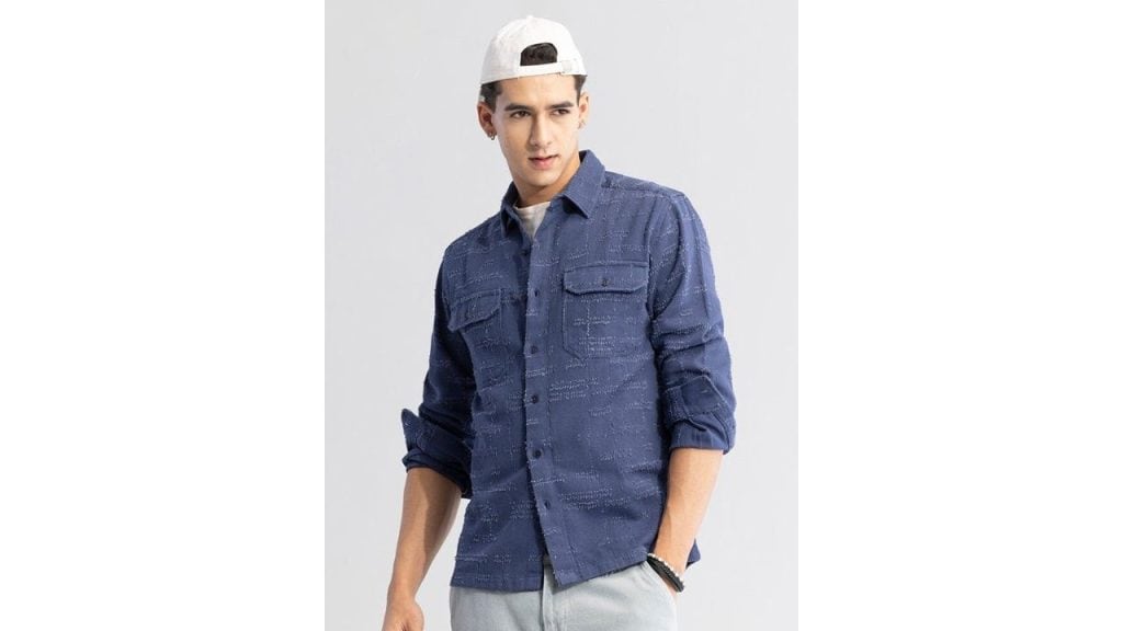 Snitch Navy Blue Classic Textured Cotton Casual Shirt