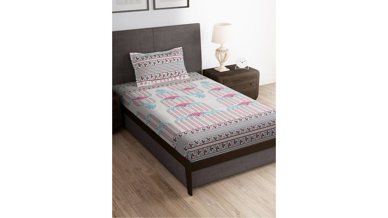 Story@home Grey & Pink Ethnic Motifs 180 TC Single Bedsheet with 1 Pillow Cover