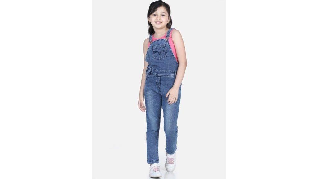 StyleStone Girls Blue Solid Cotton Dungarees