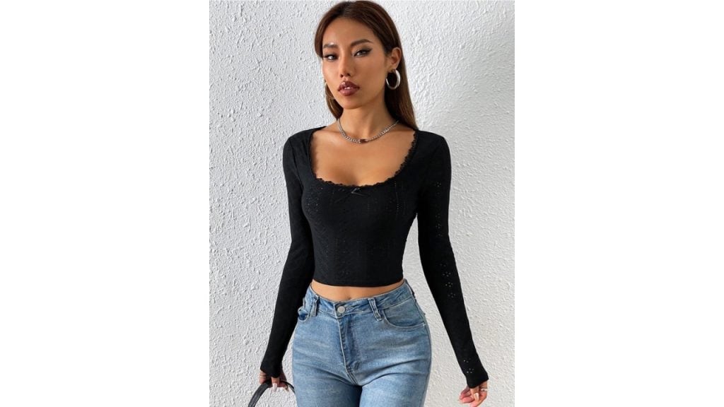 Stylecast X Slyck Schiffli Self Design Square Neck Crop Top