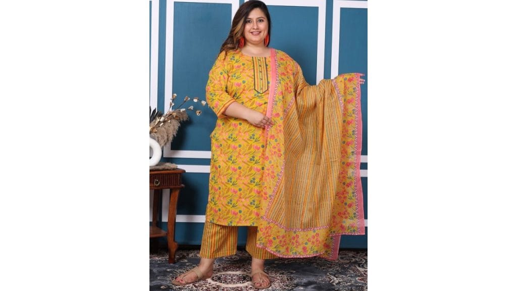 Swasti Plus Size Floral Printed Pure Cotton Straight Kurta with Palazzos & With Dupatta