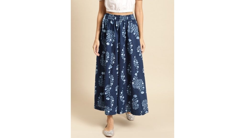 TAG 7 Women Navy Blue & White Printed Flared Palazzos