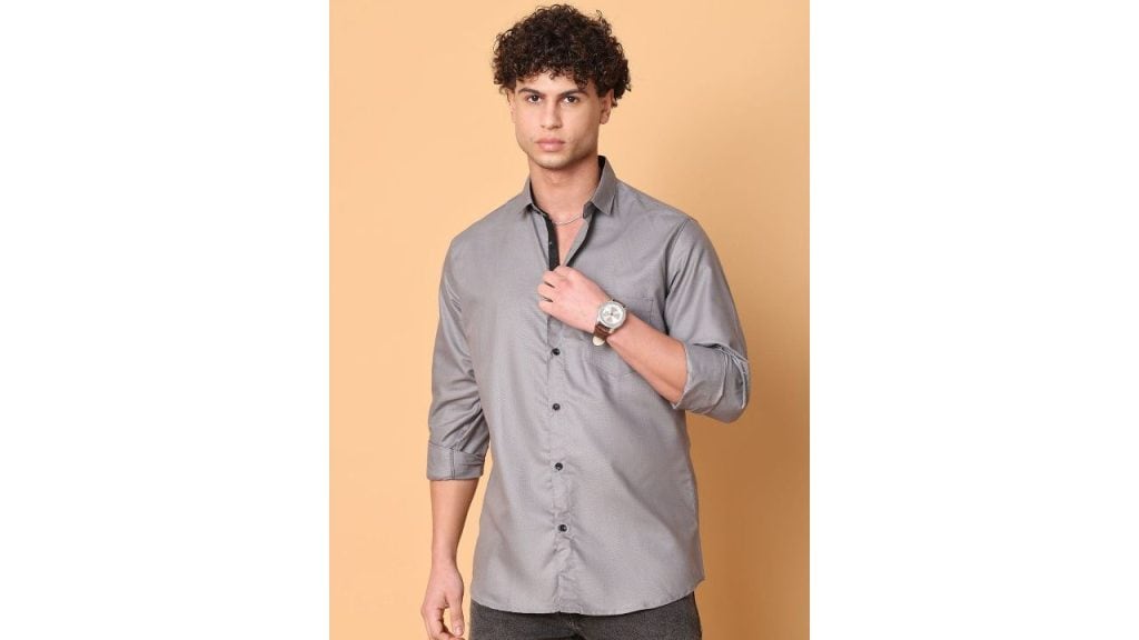 TANIP Men Spread Collar Solid Cotton Casual Shirt