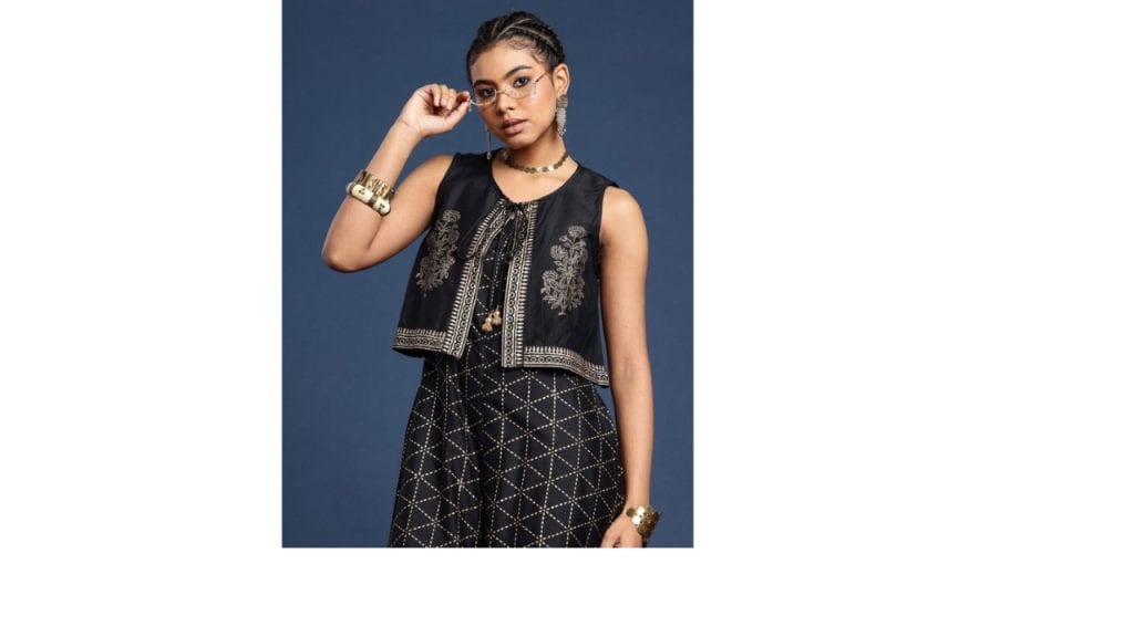 Taavi Shoulder Straps Printed Taavi Festive Basic Jumpsuit With Jacket