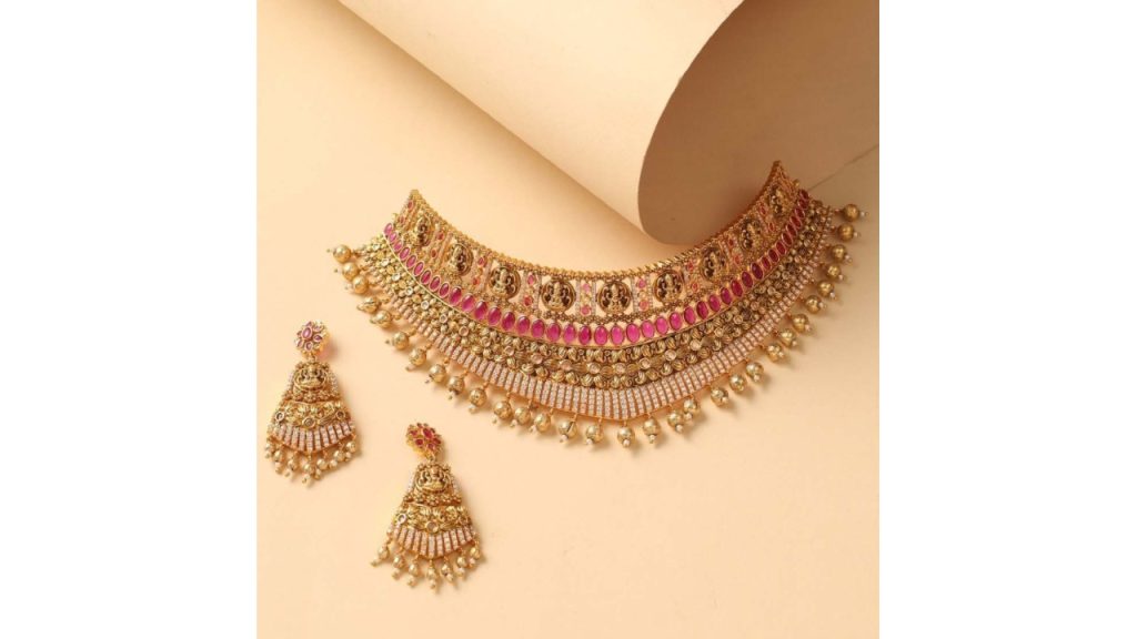 TarinikaKriya Gold-Plated CZ-Studded Antique Jewellery Set
