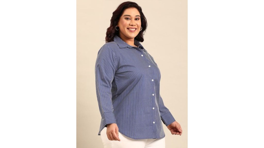 The Pink Moon Plus Size Striped Spread Collar Long Sleeves Cotton Formal Shirt