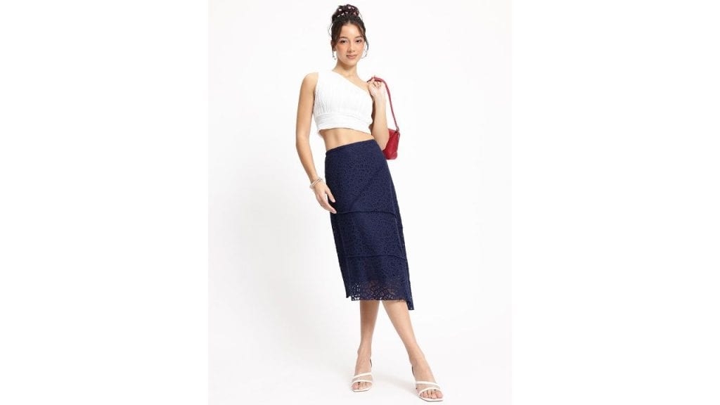 Tiered Lace Asymmetric Midi Skirt by DressBerry