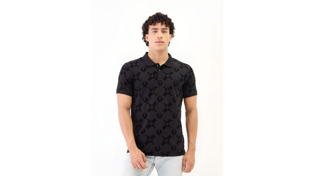 True Religion Men Typography Printed Polo Collar Pure Cotton T-shirt (Black)