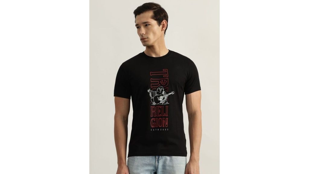 True Religion Men Typography Printed Round Neck Cotton T-shirt (Black & Red)