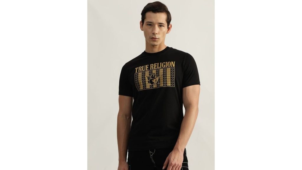 True Religion Men Typography Printed Round Neck Cotton T-shirt (Black & Yellow)