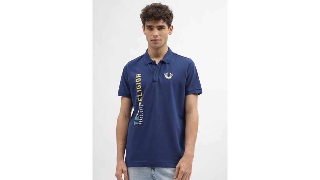True Religion Typography Printed Polo Collar Pure Cotton T-shirt (Blue & Yellow)