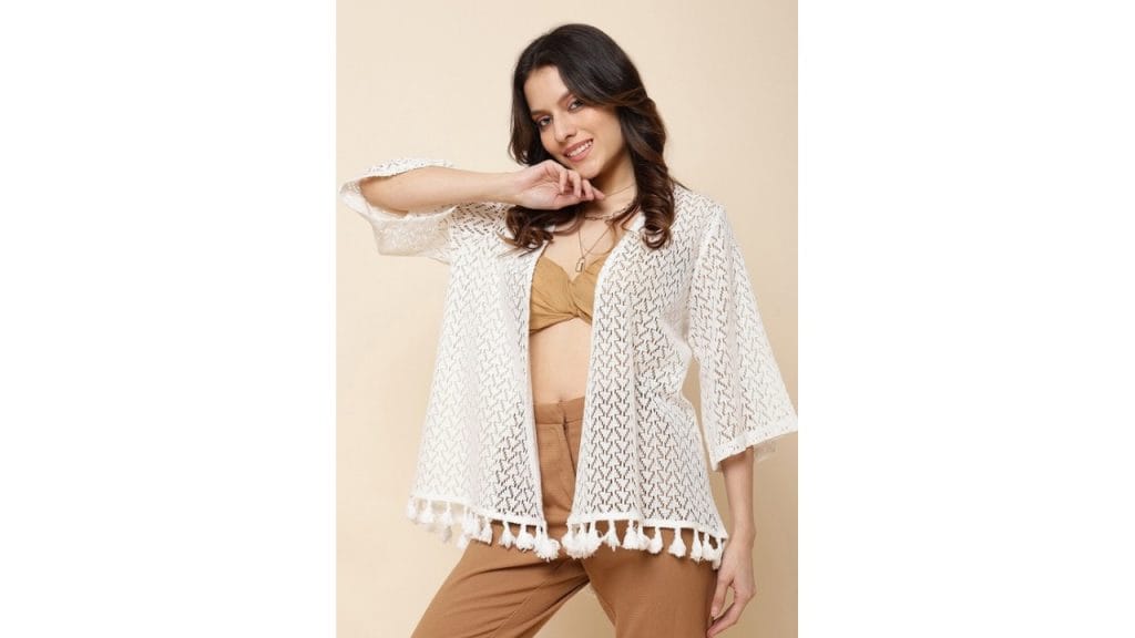 UnaOnePure Cotton Front Open Shrug With Fringes
