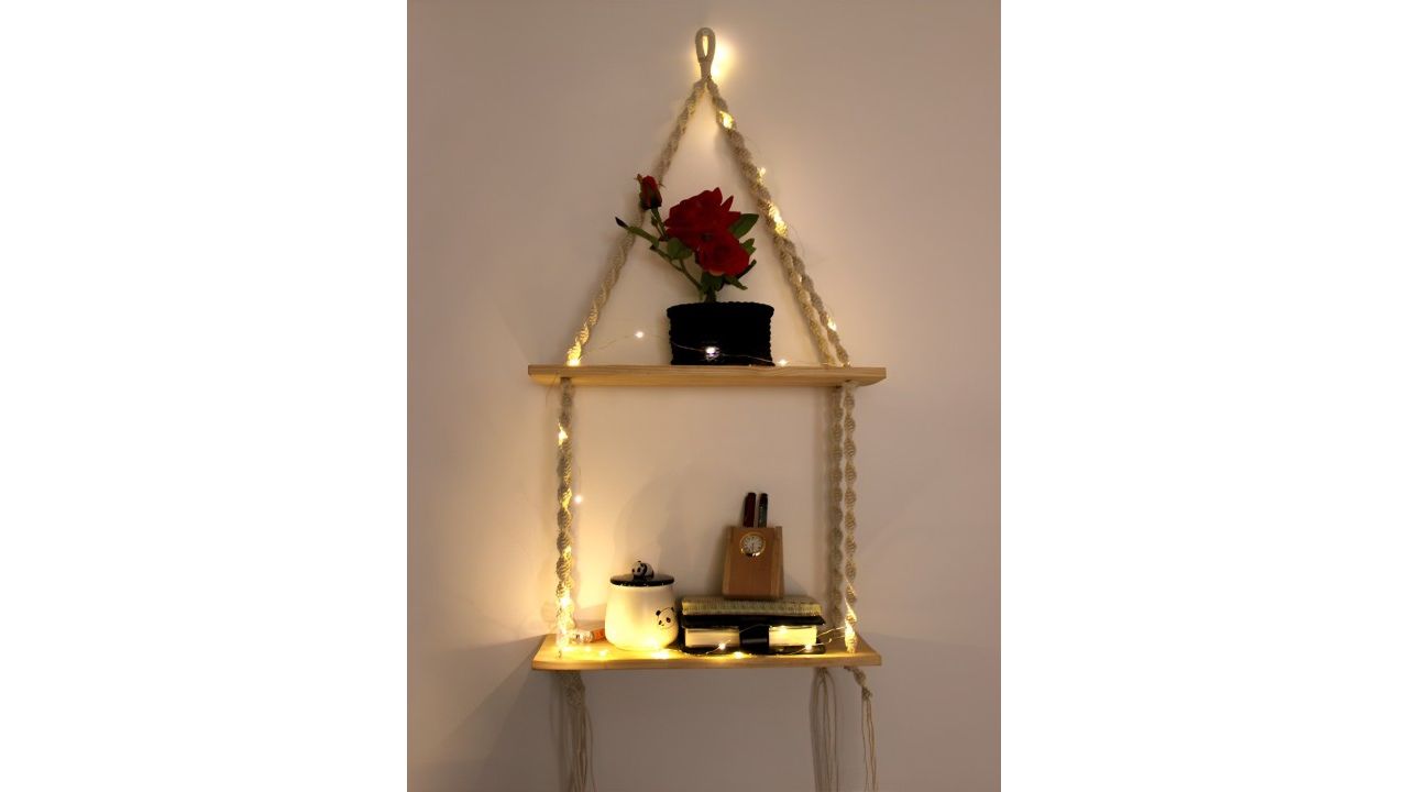 VAH Kya Bat Hai !! Brown Wooden & Macrame 2 Layer Hanging Wall Shelves