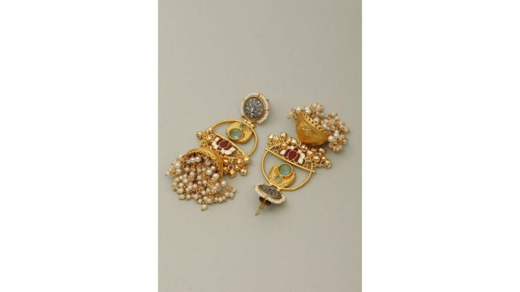 VIVAZSGold-Plated Artificial Stones Studded And Beaded Dome Shaped Jhumkas