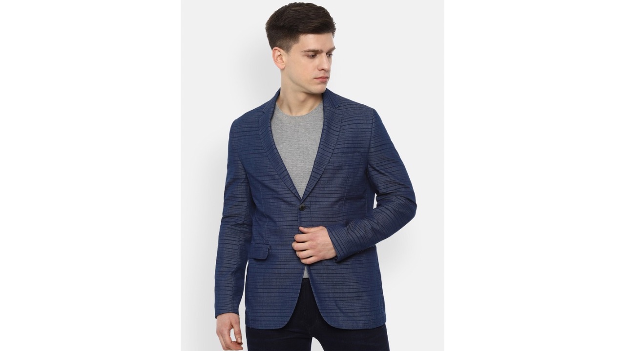 Van HeusenMen Navy Blue Striped Slim-Fit Single-Breasted Blazer