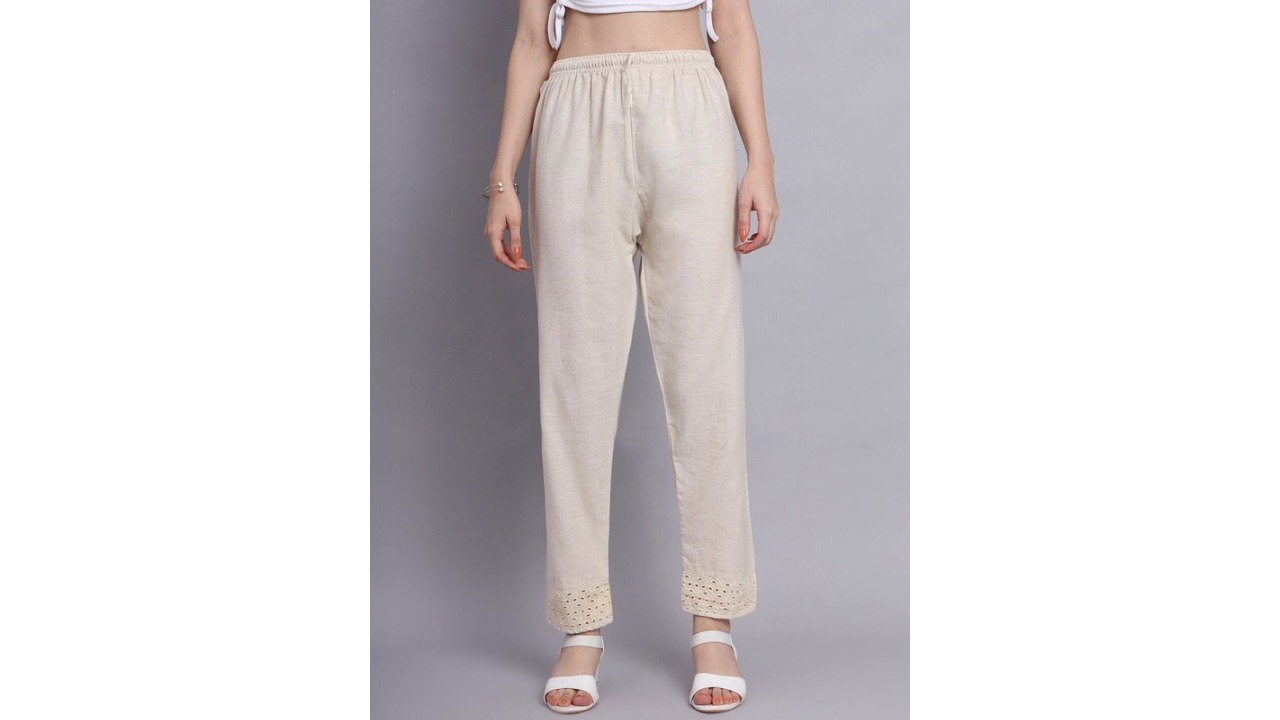 Vastraa Fusion Pure Cotton Lace Hem Design Straight Palazzos