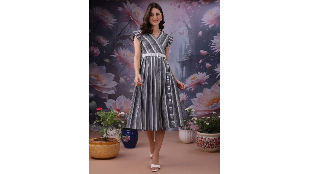 Yanamora Striped Fit & Flare Midi Dress