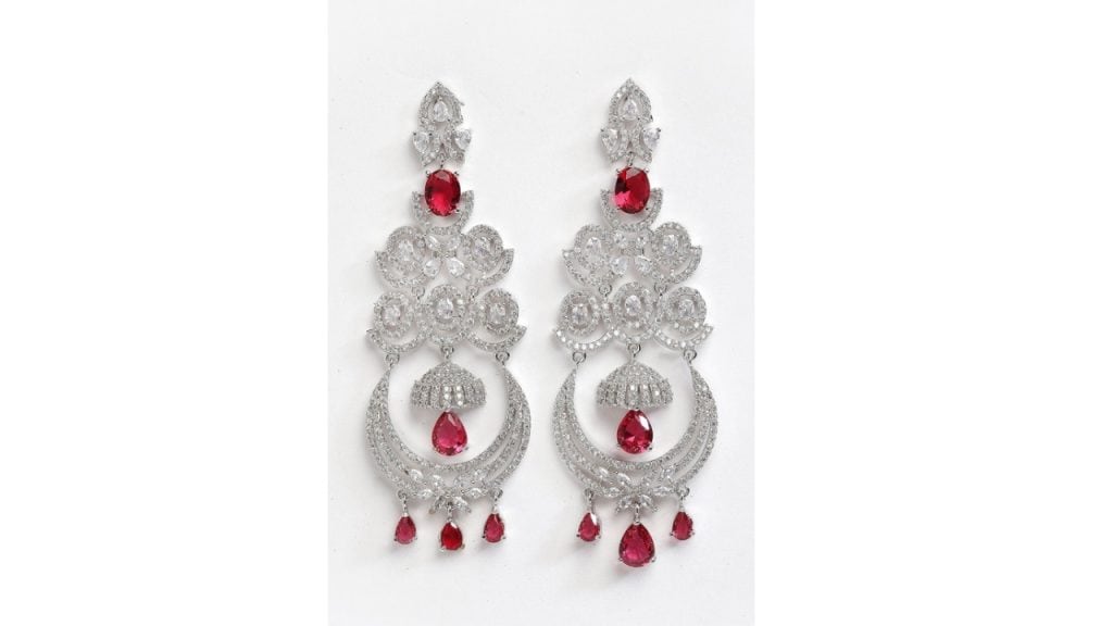 ZENEMESilver-Plated & Pink American Diamond Studded Contemporary Chandbalis Earrings