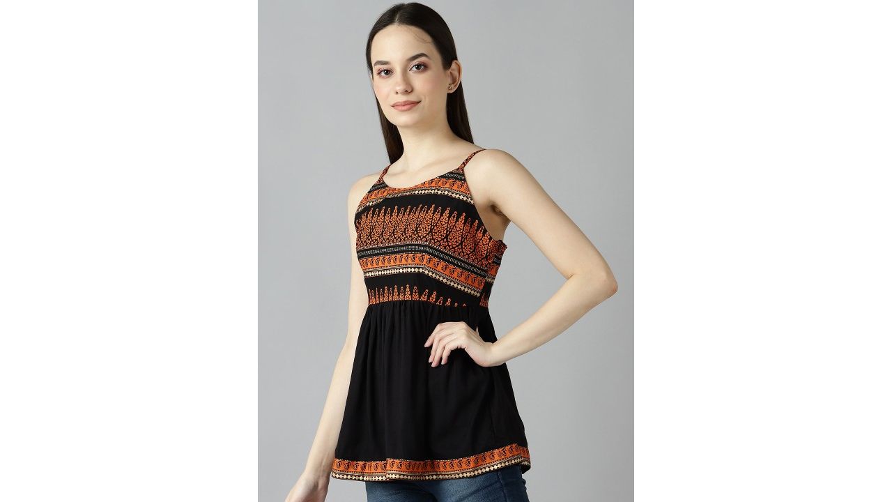 ZNX Clothing Black and Orange Tribal Print Sleeveless Pure Cotton A-Line Top