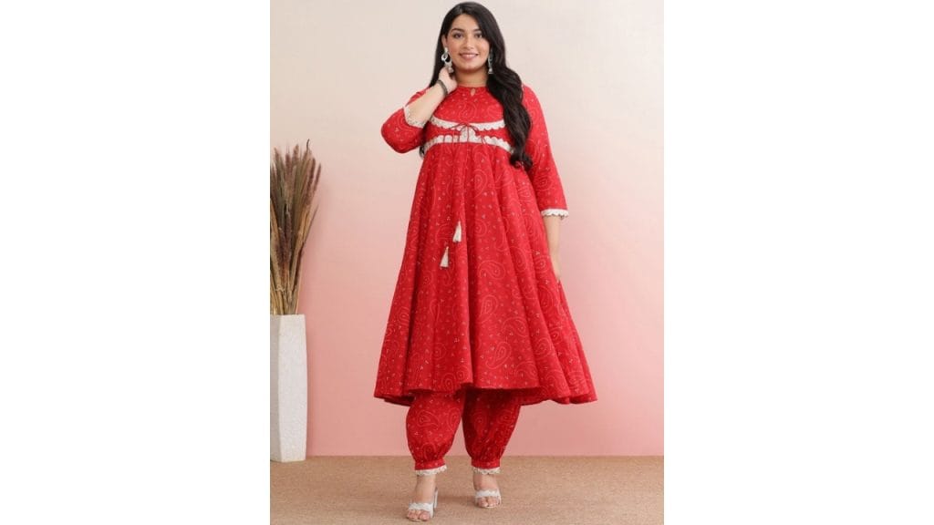 anayna Plus Size Bandhani Printed Gotta Patti Pure Cotton Anarkali Kurta with Salwar