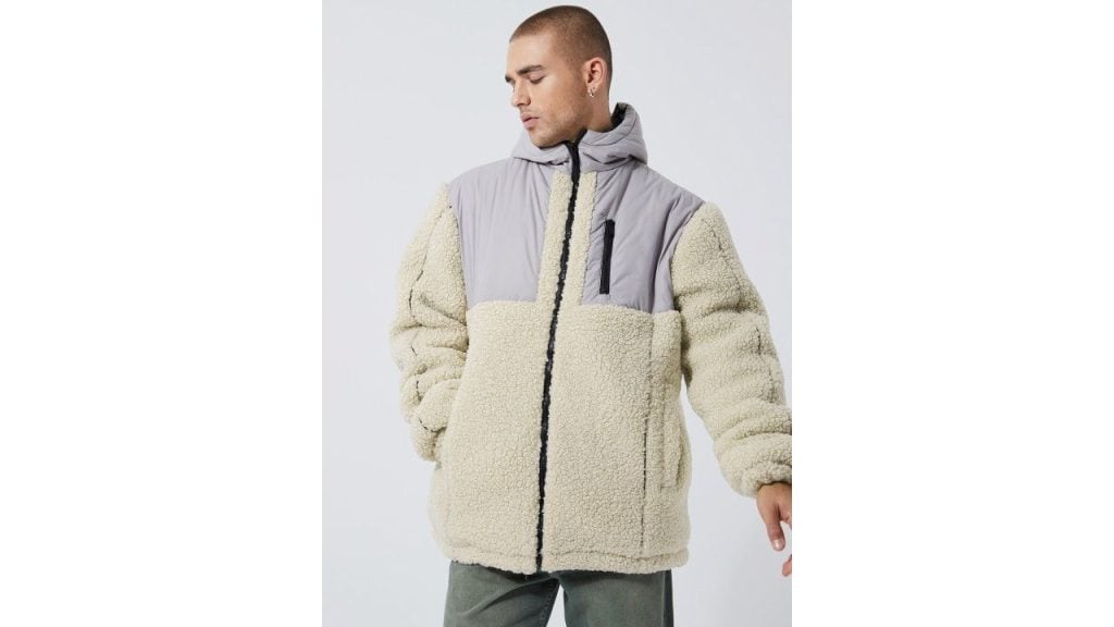 boohooMAN Color-blocked Hooded Sherpa Jacket With Zip Pockets