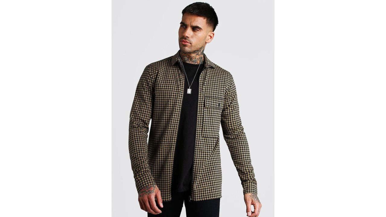 boohooMAN Houndstooth Pattern Casual Shirt