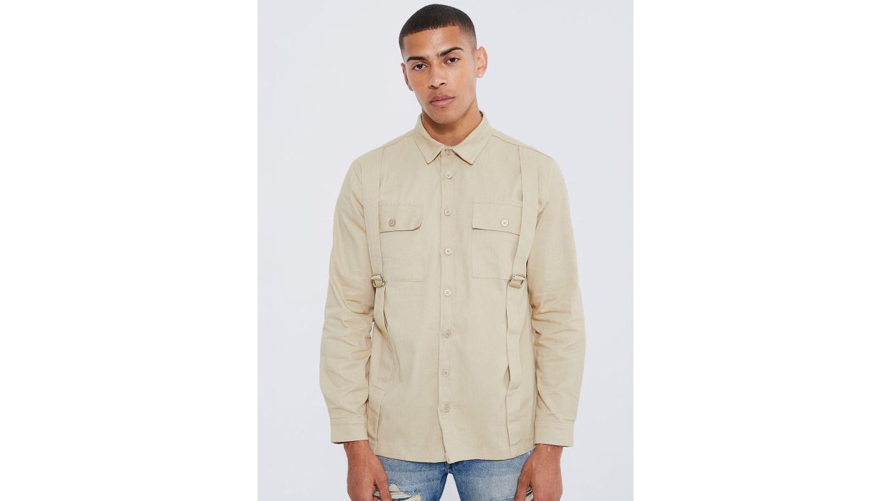boohooMAN Pure Cotton Pocket Detail Casual Shirt (Beige)