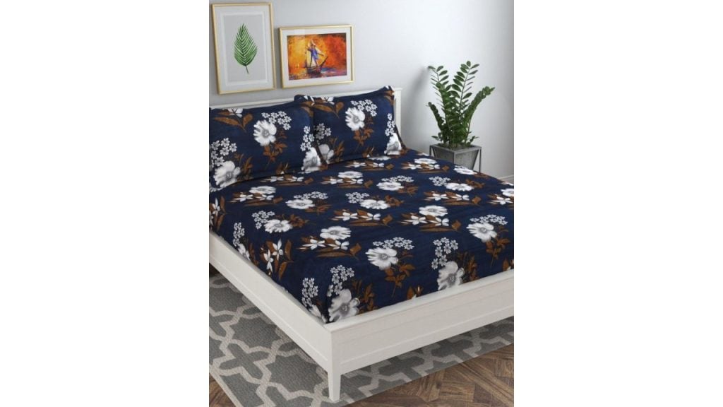 bsb home Aspire Navy Blue Floral Printed 144TC Wrinklefree Queen Bedsheet Set