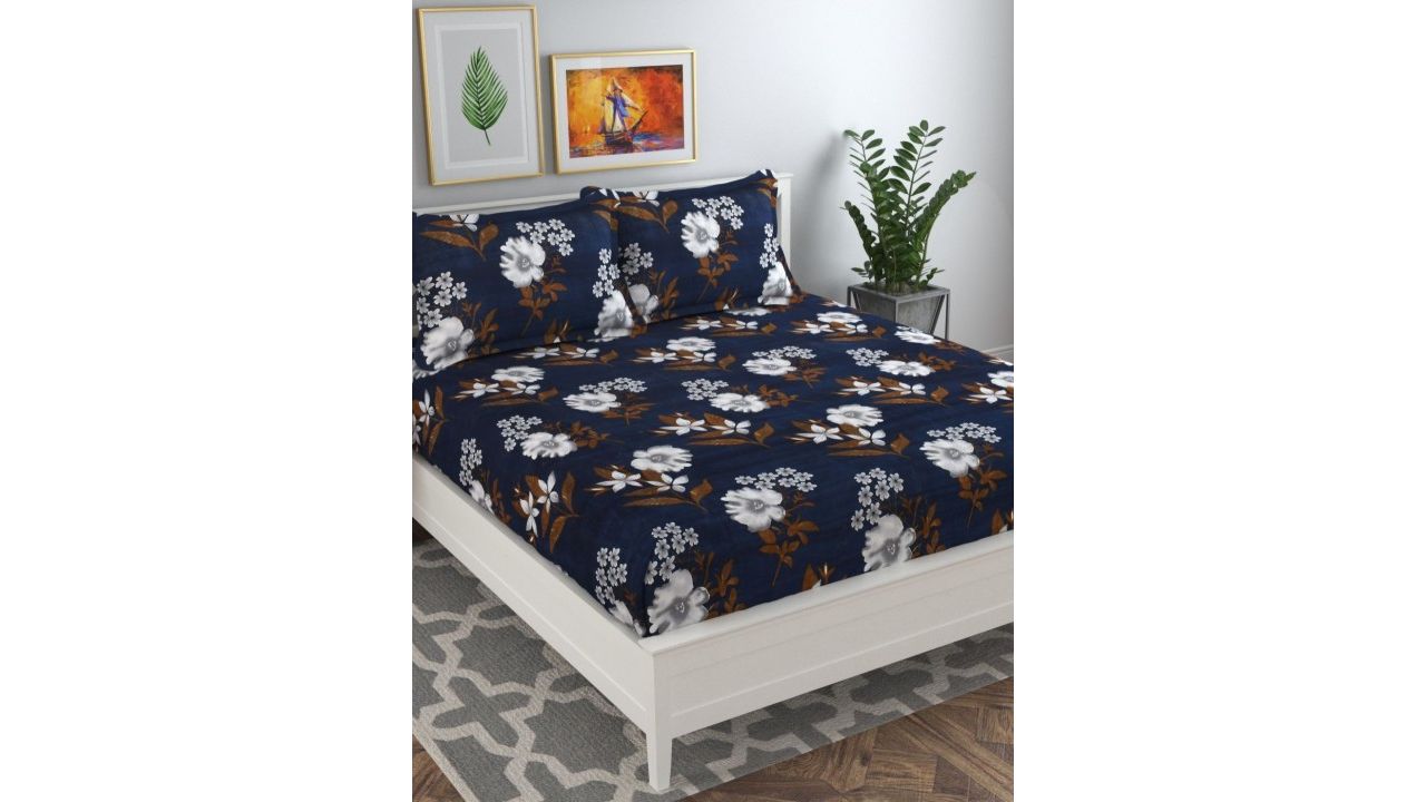 bsb home Aspire Navy Blue Floral Printed 144TC Wrinklefree Queen Bedsheet Set