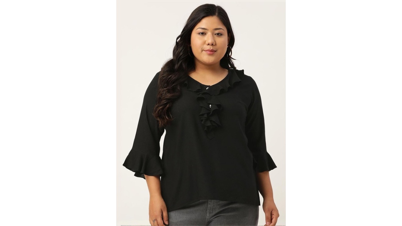 theRebelinmeWomen Plus Size V-Neck Bell Sleeves Ruffles Top