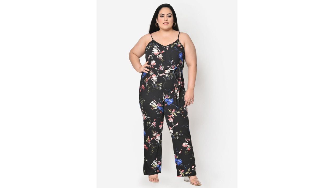 wild U Black & Blue Floral Printed Knot Plus Size Basic Jumpsuit
