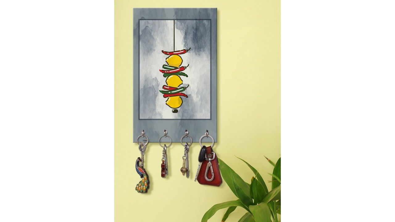 999Store Yellow & Grey Nimbu Mirch Printed Wall Hanging Key Holder