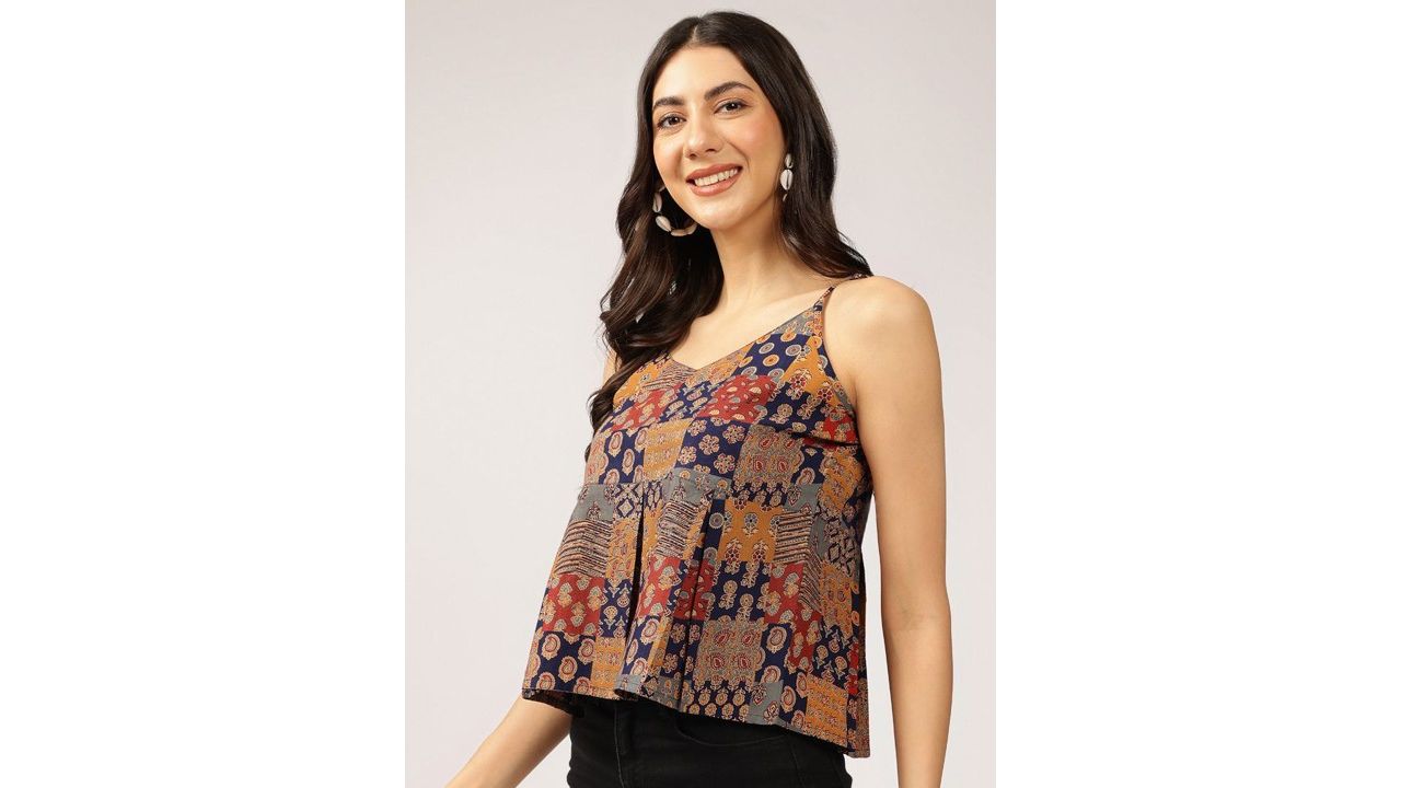 Anouk Ethnic Printed Sleeveless V-Neck Crop Top