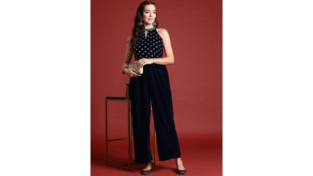 AnoukHalter Neck Printed Embroidered Culotte Jumpsuit with Belt