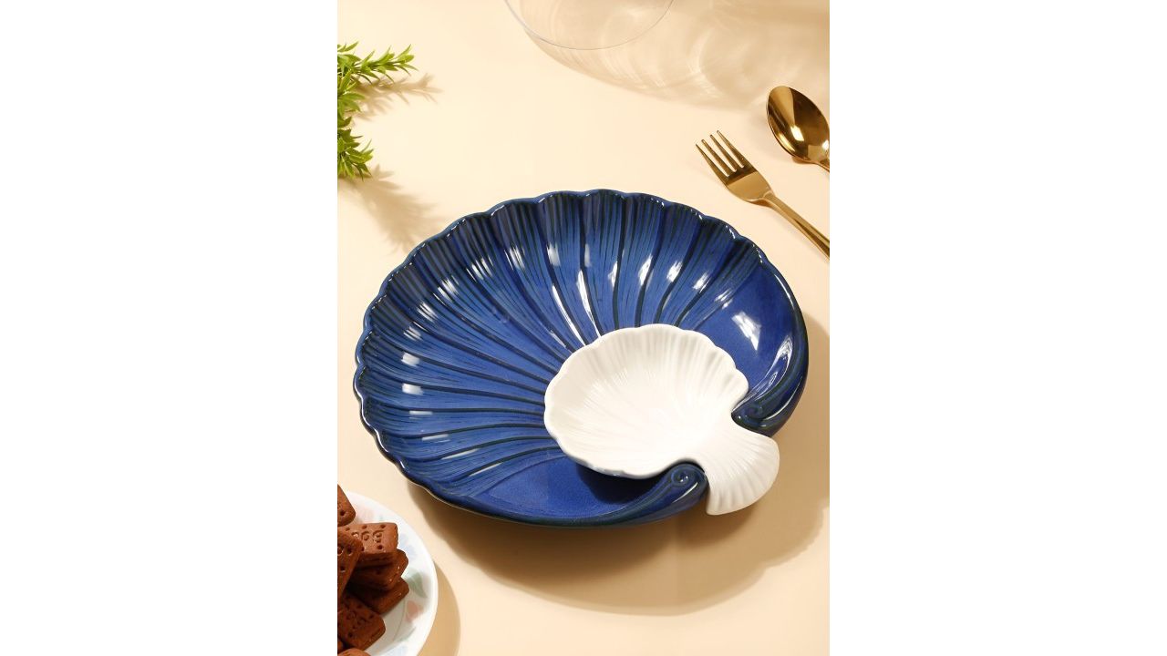 Arrabi Nevy Blue & White Ceramic Shell Platter Set