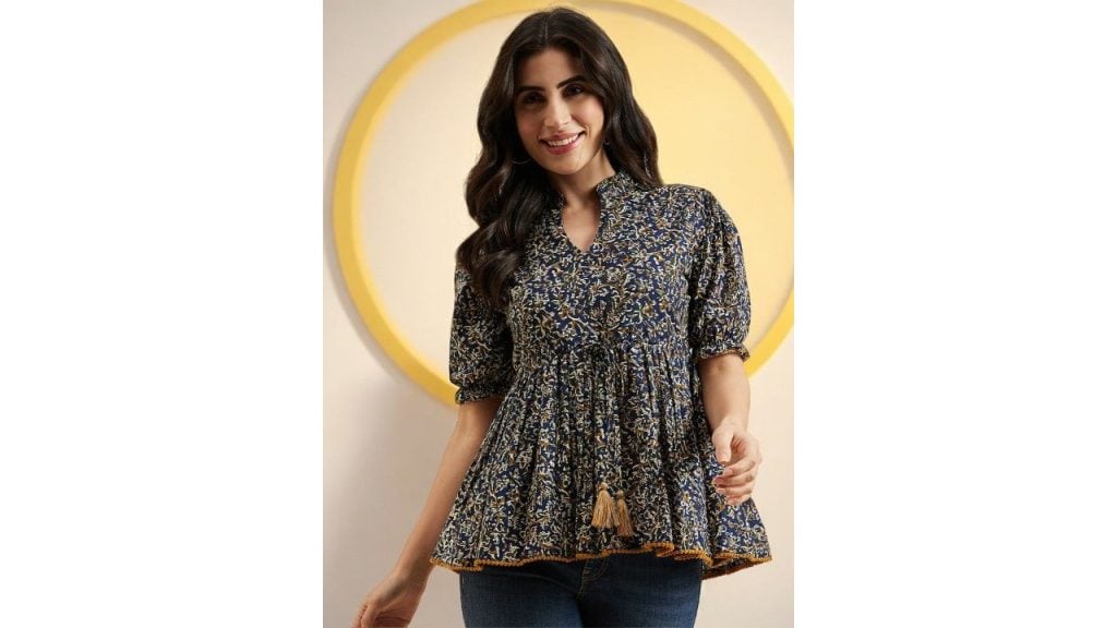 Azira Floral Print Mandarin Collar Puff Sleeve Cotton Peplum Top