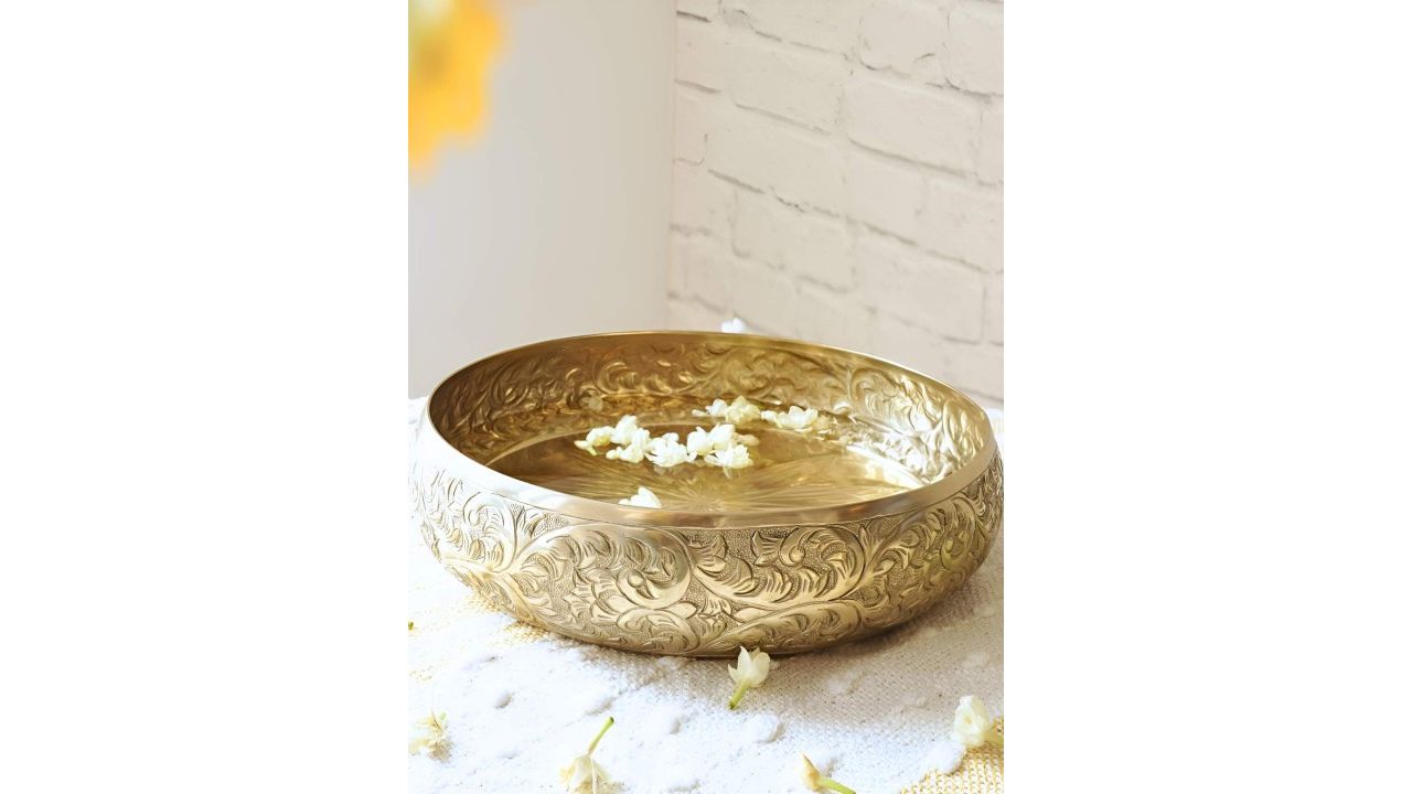BEHOMA Golden Embossed Aluminium Decorative Urli Bowl