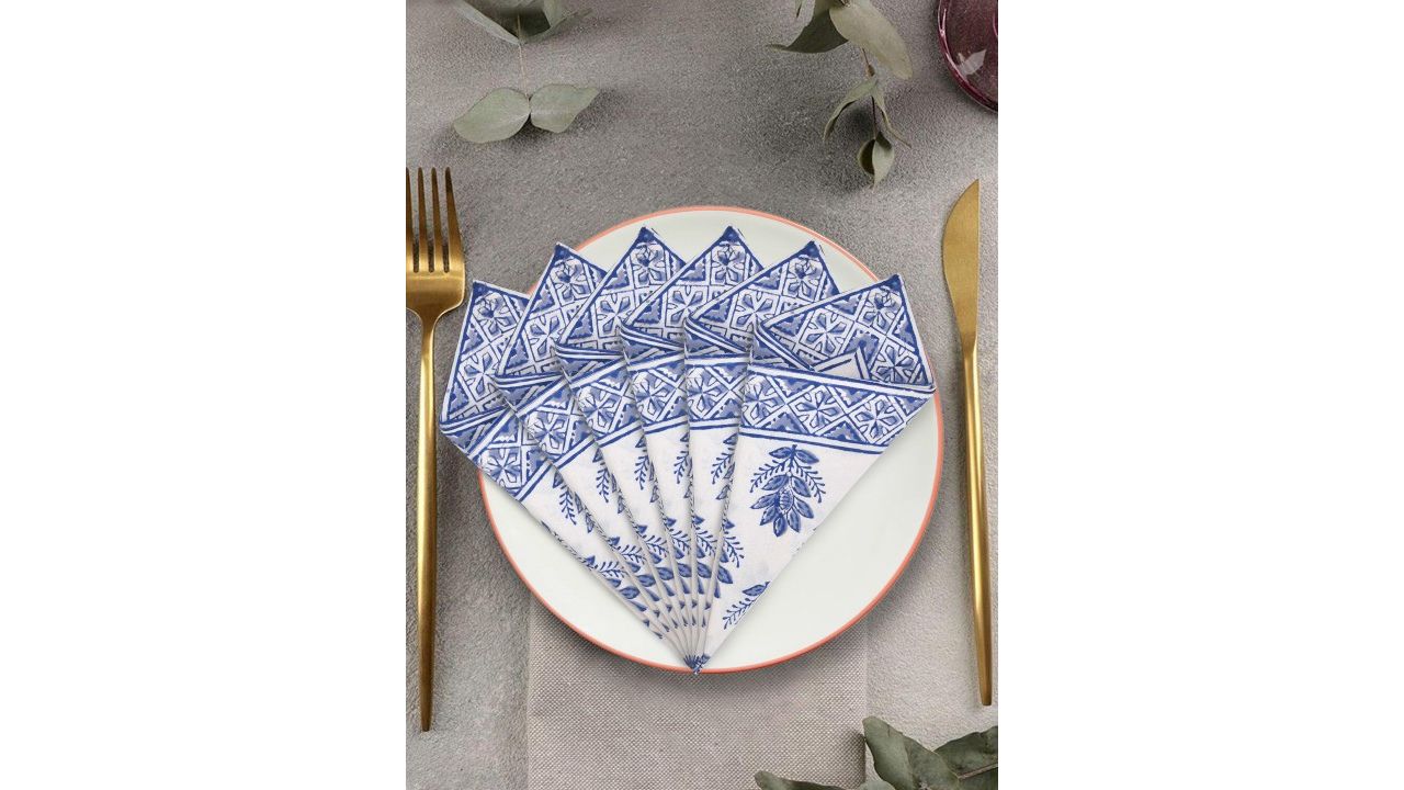 BLOCKS OF INDIA Blue & White Set Of 6 Floral Printed Pure Cotton Table Napkins